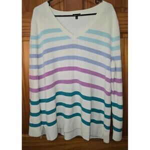 Talbots Sweater Womens 1X Striped Multicolor Knit Pull Over Chunky Crew Vneck